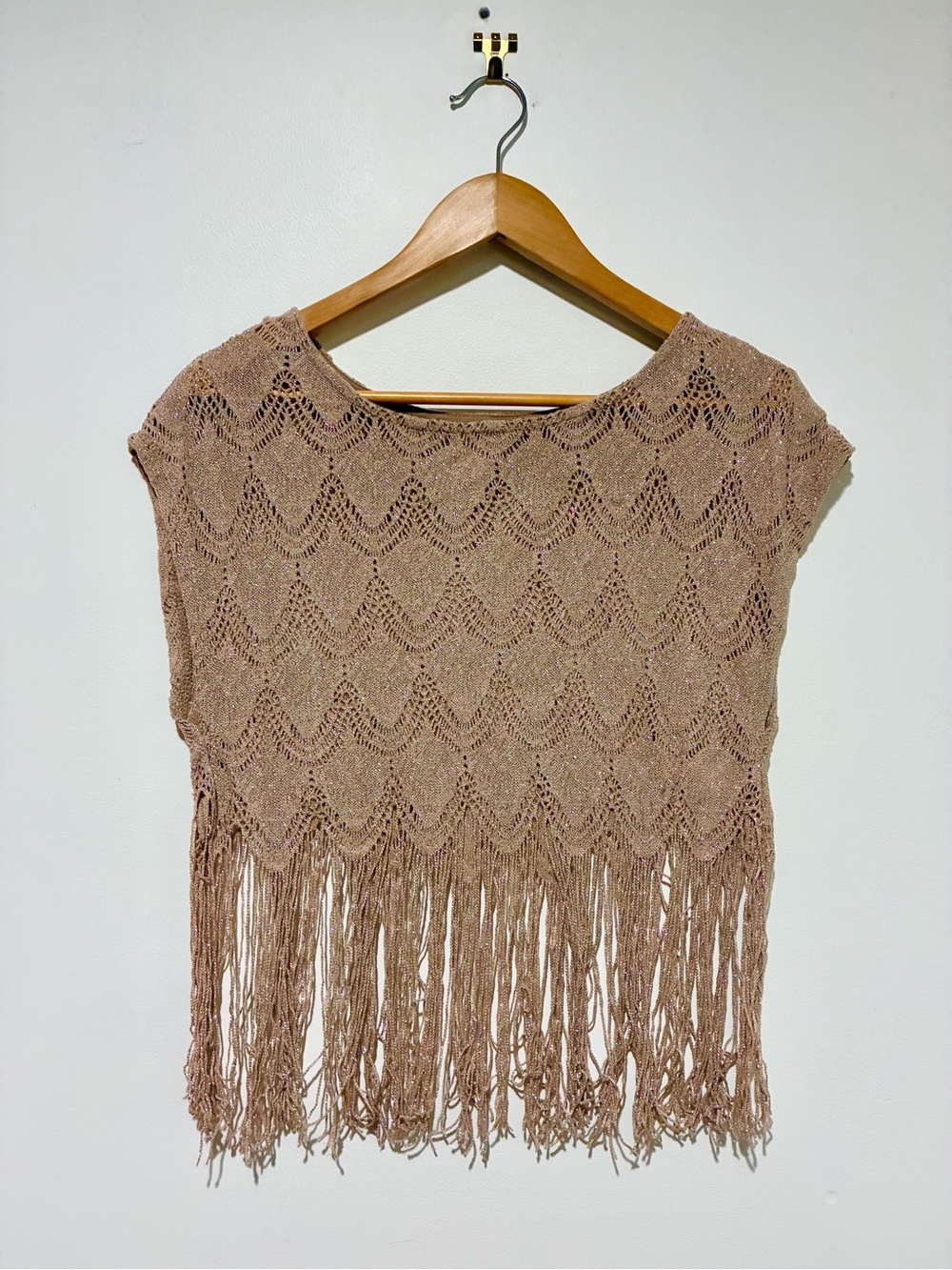 Pacsun Kira | Fringed Cropped Knit Top in Taupe pink hue metallic